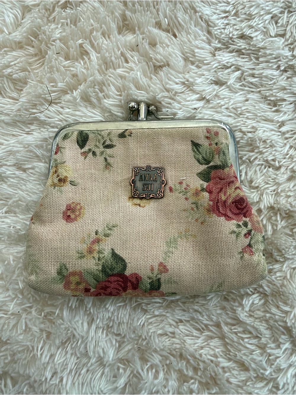 Anna Sui Floral Kiss-Lock Coin Purse - Cream with Pink Roses